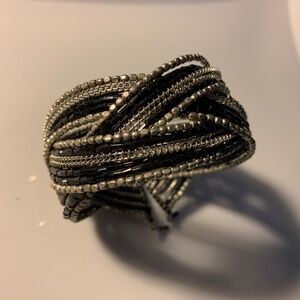 Silver & Black Beaded Cuff Bracelet – Multi-Strand Crisscross Design